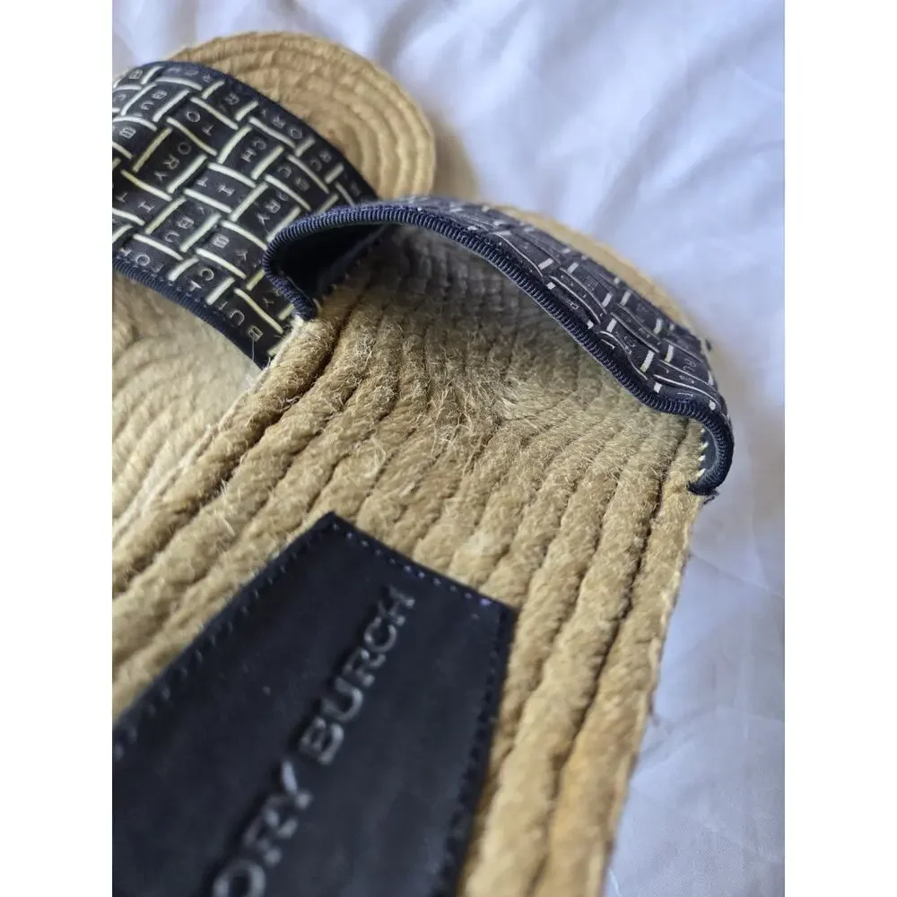 TORY BURCH Sandals Black Ribbon Espadrille Slides Womens 7.5 Coastal Hamptons